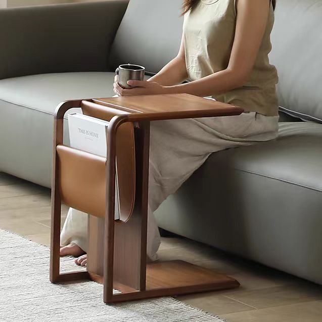 side table removable modern wooden leather newspaper shelves