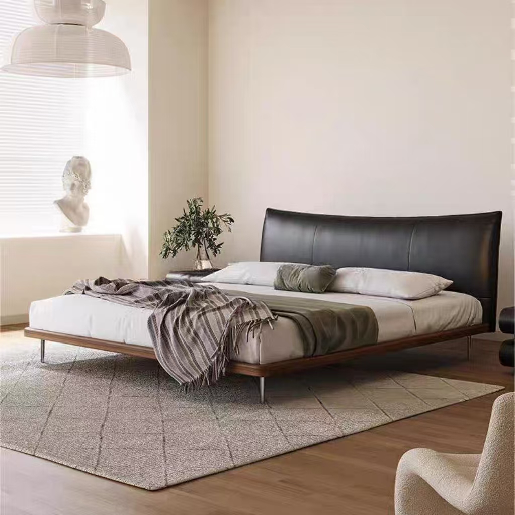 bed modern minimalist Italian leather wood frame OEM/ODM